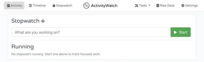 ActivityWatch’s Stopwatch page in the browser: a What are you working on field and a Start button.