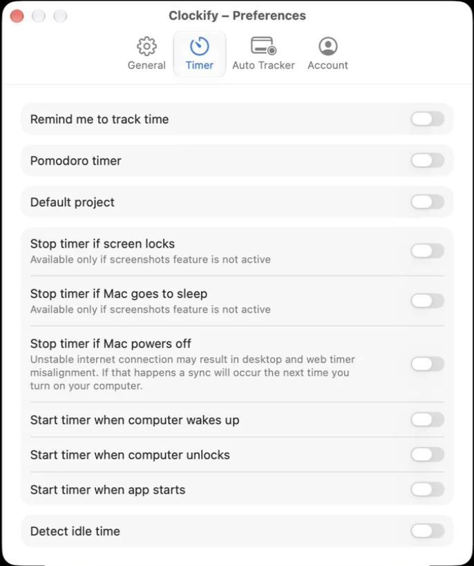 Clockify’s Timer preferences: reminders, Pomodoro, stop timer on lock or sleep, and Detect idle time, all off.