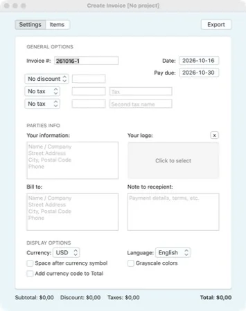 Qbserve’s Create Invoice window: invoice number, date, due date, discount, two taxes, your information, logo, bill to, currency and language.