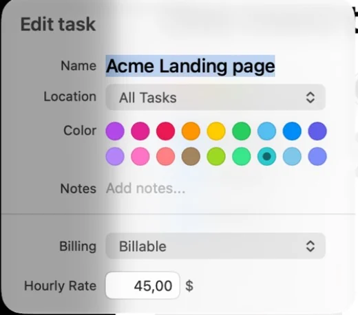 Timemator’s Edit task panel: name Acme Landing page, billing Billable, hourly rate 45.00 dollars.