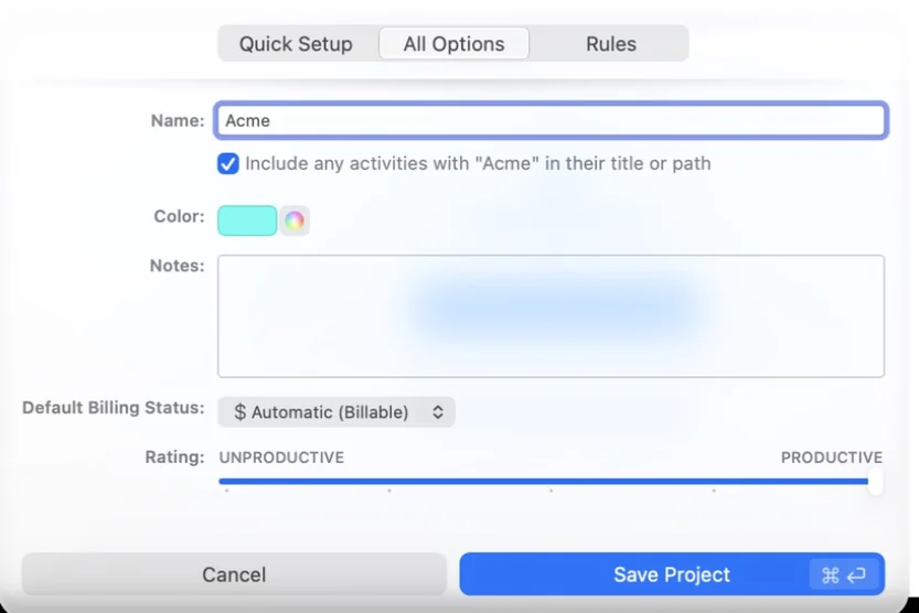 Timing’s project options: name Acme, color, notes, default billing status Automatic (Billable) and a productivity rating; no hourly rate.