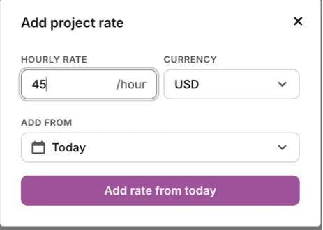 The new Toggl’s Add project rate dialog: hourly rate 45 per hour, currency USD, add from today.
