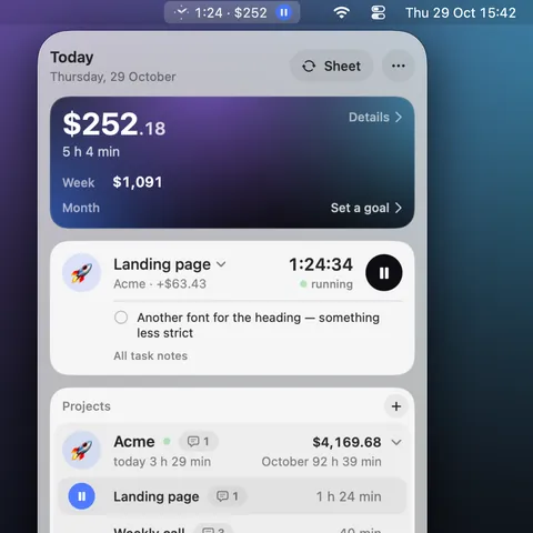 The menu bar shows 1:24 · $252, and Hourbloom’s panel under it: $252.18 earned today, the running task at +$63.43 and the projects.